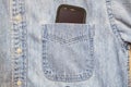 Smart phone shirt pocket buttons background mobile smartphone Royalty Free Stock Photo