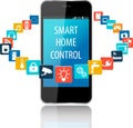 Smart phone and Smart House technology with cloud of colorful ap