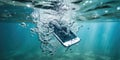 Smart phone underwater and suffering damage by the water, AI generated