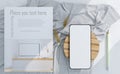 smart phone with white screen mock up for text and element design and book mock up for modern style design with color code