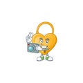 Smart Photographer love padlock cartoon mascot with a camera