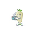 Smart Photographer white radish cartoon mascot with a camera