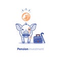 Smart pig in hat with mustache, superannuation fund, pension savings investment plan