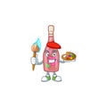 Smart pink bottle wine painter mascot icon with brush