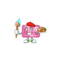 Smart pink love coupon painter mascot icon with brush