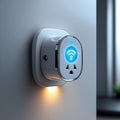 Smart plug with a Wi-Fi symbol in blue on a glossy surface, plugged into a wall outlet. It features a standard electrical socket Royalty Free Stock Photo