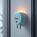 Smart plug with a Wi-Fi symbol in blue on a glossy surface, plugged into a wall outlet. It features a standard electrical socket Royalty Free Stock Photo