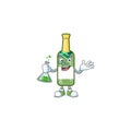 Smart Professor champagne green bottle cartoon character holding glass tube