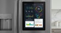 Smart refrigerator with digital interface displaying data information for modern lifestyle applications Royalty Free Stock Photo