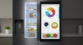 Smart refrigerator with interactive digital display showing nutritional data and fresh food storage in modern kitch Royalty Free Stock Photo