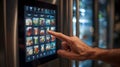 Smart refrigerator interface with a hand touching a digital display Royalty Free Stock Photo