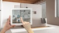 Smart remote home control system on a digital tablet. Device with app icons. Japandi minimal bathroom with bathtub in the