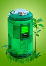 Smart renewable green energy battery with green leds and plants around it. clean and sustainable energy concept