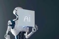 smart robot holding sign ai,machine learning Royalty Free Stock Photo