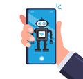 Smart robot in men smartphone. android on a mobile device.