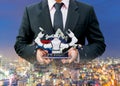 Smart robot replacement Industrial 4. 0 of things technology robot future arm and man using controller