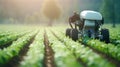 Smart robotic farmers in agriculture futuristic robot automation to work to spray chemical fertilizer or increase efficiency