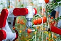 Smart robotic farmers in agriculture futuristic robot automation to work to spray chemical fertilizer Royalty Free Stock Photo