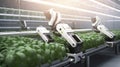 Smart Robotic Farmers Revolutionizing Agriculture. created with Generative AI