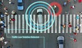 Smart robotic road control technology concept. Aerial from drone. Violation of traffic rules.