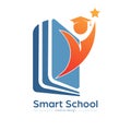 Smart school. An open book and a graduate. Template for logo, sticker, brand label and creative solutions. An idea for websites