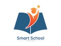 Smart school. An open book and a graduate. Template for logo, sticker, brand label and creative solutions. An idea for websites
