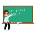 Smart schoolboy solving math equation on chalkboard in classroom Royalty Free Stock Photo