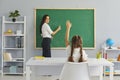 Smart schoolgirl ready to do an easy sum in a lesson of mathematics in modern school