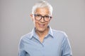 Smart senior businesswoman with glasses in a blue shirt and gray white hair and glasses Royalty Free Stock Photo