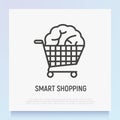 Smart shopping thin line icon: brain in trolley. Loyalty program, referal system, cashback. Modern vector illustration