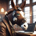 A smart soldier horse or donkey wearing military uniform and working with laptop in office. Fantasy and party animals style