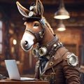 A smart soldier horse or donkey wearing military uniform and working with laptop in office. Fantasy and party animals style