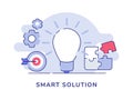 Smart solution bulb bright background of gear target puzzle with flat outline style