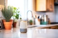 smart speaker on kitchen counter next to a grocery list Royalty Free Stock Photo