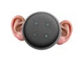 Smart speaker top view with human ears listening isolated on white. Privacy concept