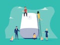 Smart speaker with virtual assistant concept vector illustration of people standing near speaker symbol using smartphone