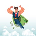 Smart and strong businessman flying in the sky with banknotes as