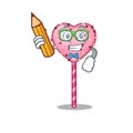 A smart Student candy heart lollipop character holding pencil