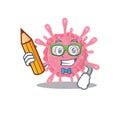 A smart student corona virus germ character with a pencil and glasses