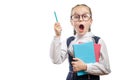 Smart Student Girl Hold Books Stack Look Surprised Royalty Free Stock Photo