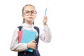 Smart Student Girl Hold Books Stack Look Surprised Royalty Free Stock Photo