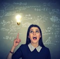 Smart student with idea light bulb maths and science formulas on background Royalty Free Stock Photo