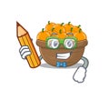 A smart student orange fruit basket character with a pencil and glasses