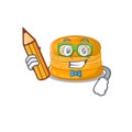 A smart student orange macaron character with a pencil and glasses