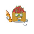 A smart student strawberry fruit box character with a pencil and glasses