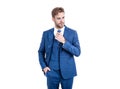 Smart and stylish. Lawyer fix necktie wearing vested blue suit. Business formal style. Formal wear