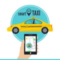 Smart taxi service concept. Smartphone with taxi service application on a screen, yellow cab, street map