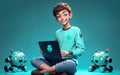 Smart Teen Robot Cheery AI in Casual Outfit with Laptop