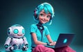 Smart Teen Robot Cheery AI in Casual Outfit with Laptop