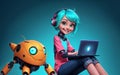 Smart Teen Robot Cheery AI in Casual Outfit with Laptop